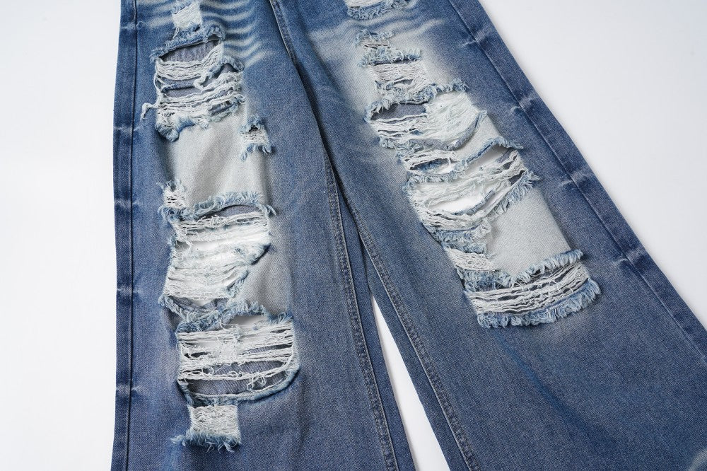 Damage Washed Wide Leg Denim Jeans WN27962