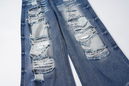 Damage Washed Wide Leg Denim Jeans WN27962