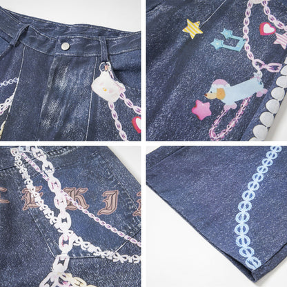 3D Chain Print Curved Leg Cropped Denim Pants WN26838