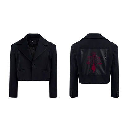 Mix PU Leather Embroidery Shoulder-Pad Tailored Jacket WN20384