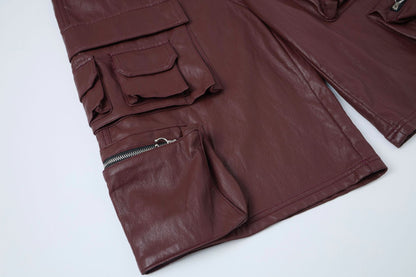 PU Leather Pocket Cropped Wide Leg Cargo Hahf Pants WN25652