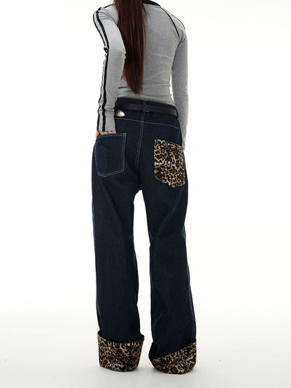 Rolled Edge Leopard Print Straight Leg Denim Jeans WN7914