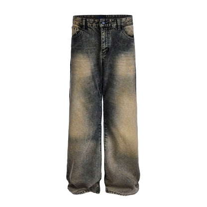 Heavyweight Yellow Mud Dyed Wide-Leg Straight Denim Jeans WN8427