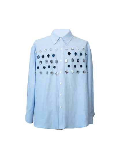 Stripe Gem Button Design Long Sleeve Shirt WN23616