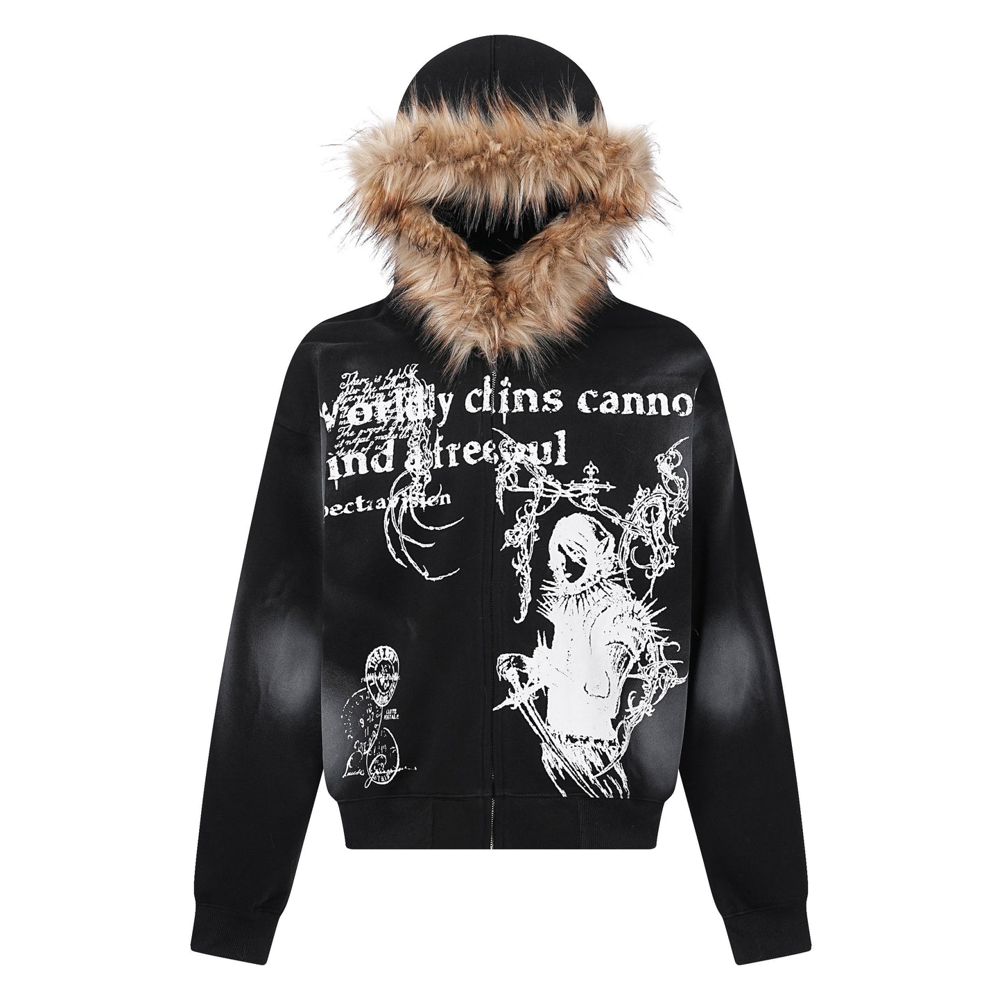 Fake Fur Collar Graphic Print Oversize Zipper Hoodie WN24193
