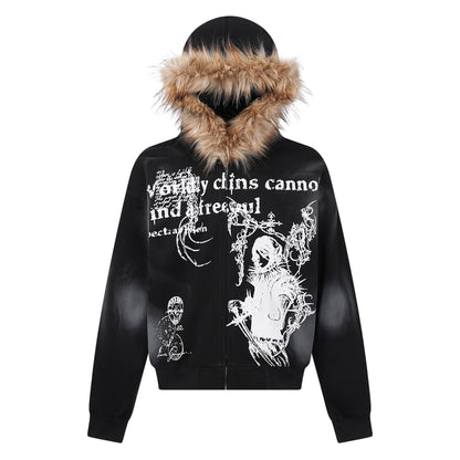 Fake Fur Collar Graphic Print Oversize Zipper Hoodie WN24193
