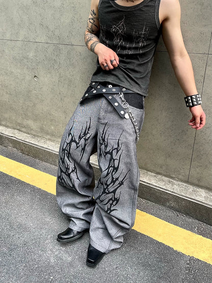 Washed Color Block Thorns Print Wide Leg Denim Jeans WN18847