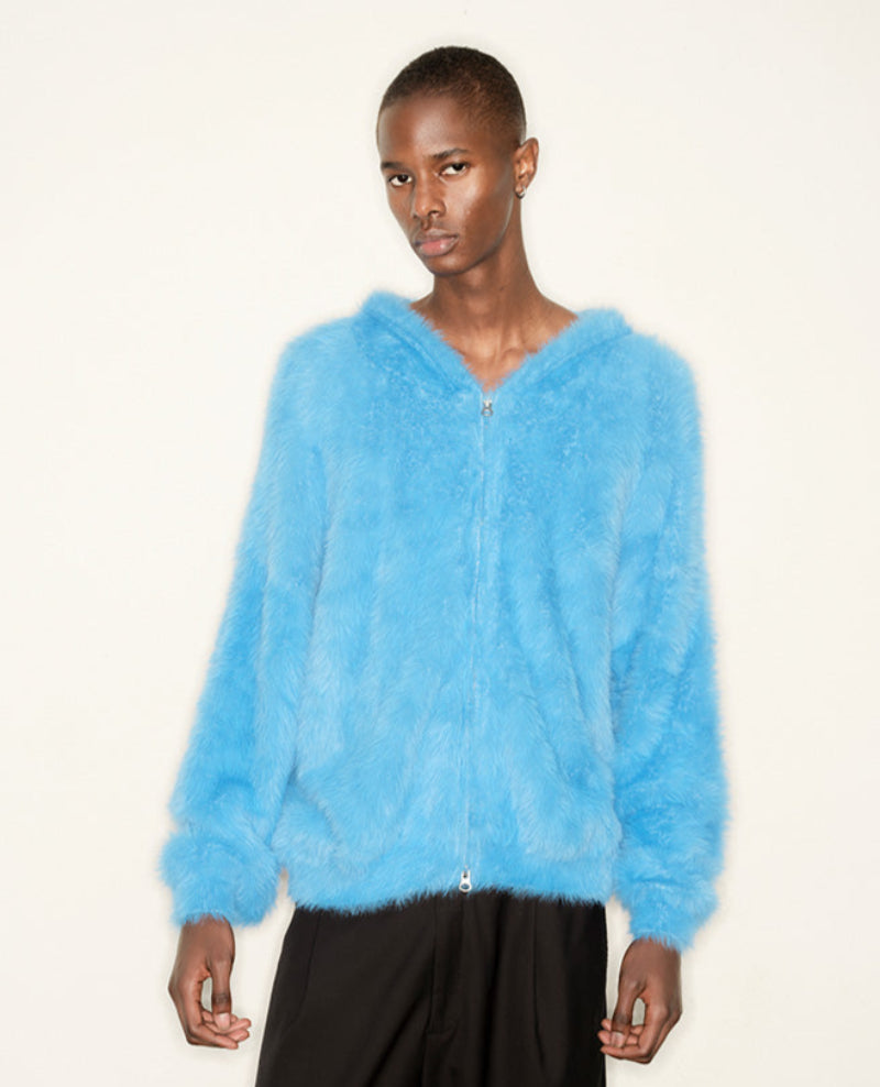 Oversize Zipper Fake Fur Short Knit Hoodie WN21319