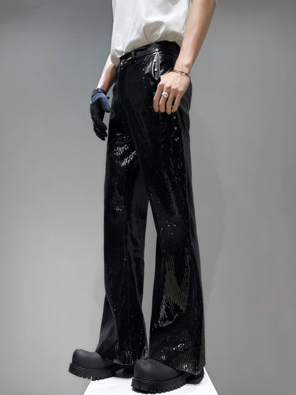 Sequin Patchwork PU Leather Wide Leg Pants WN23918