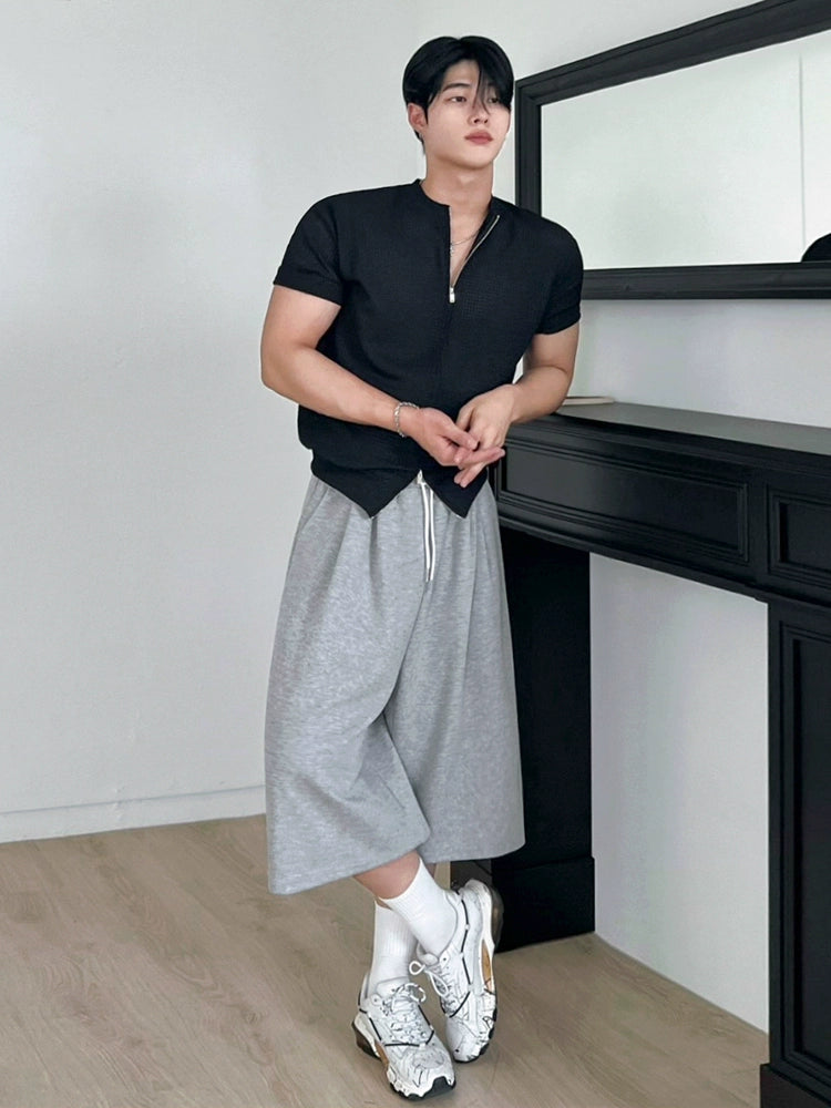 Solid Color Drawstring Wide Leg Half Sweatpants WN20263