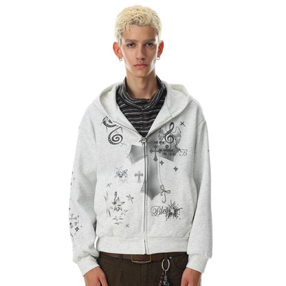Cross Music-Note Print Drop-Shoulder Oversize Zipper Hoodie WN27937