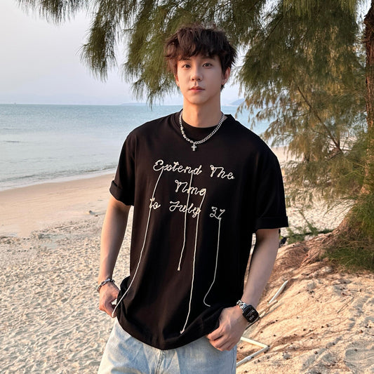 Letter Embroidery Drawstring Short Sleeve T-Shirt WN25161