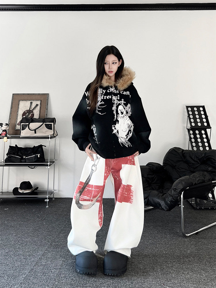 Fake Fur Collar Graphic Print Oversize Zipper Hoodie WN24193