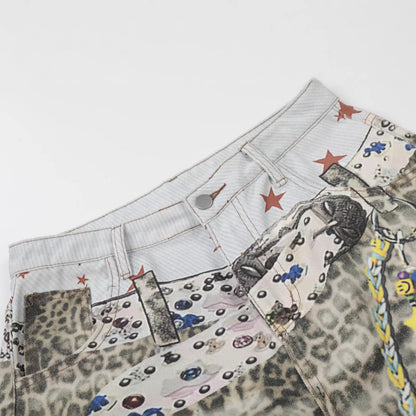 Allover Leopard Print Wide Leg Short Denim Jeans WN25650