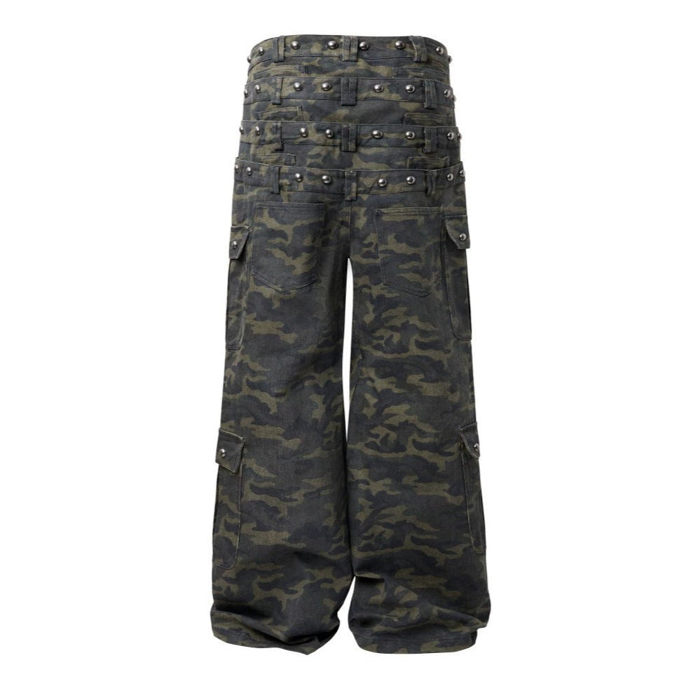 Camouflage Cargo Pocket Wide Leg Denim Jeans WN28009