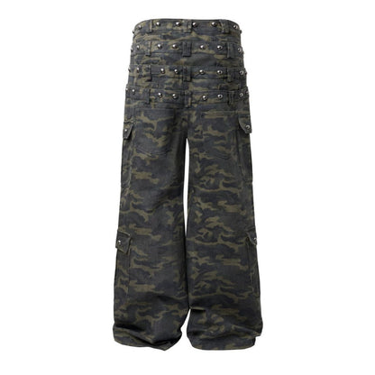 Camouflage Cargo Pocket Wide Leg Denim Jeans WN28009