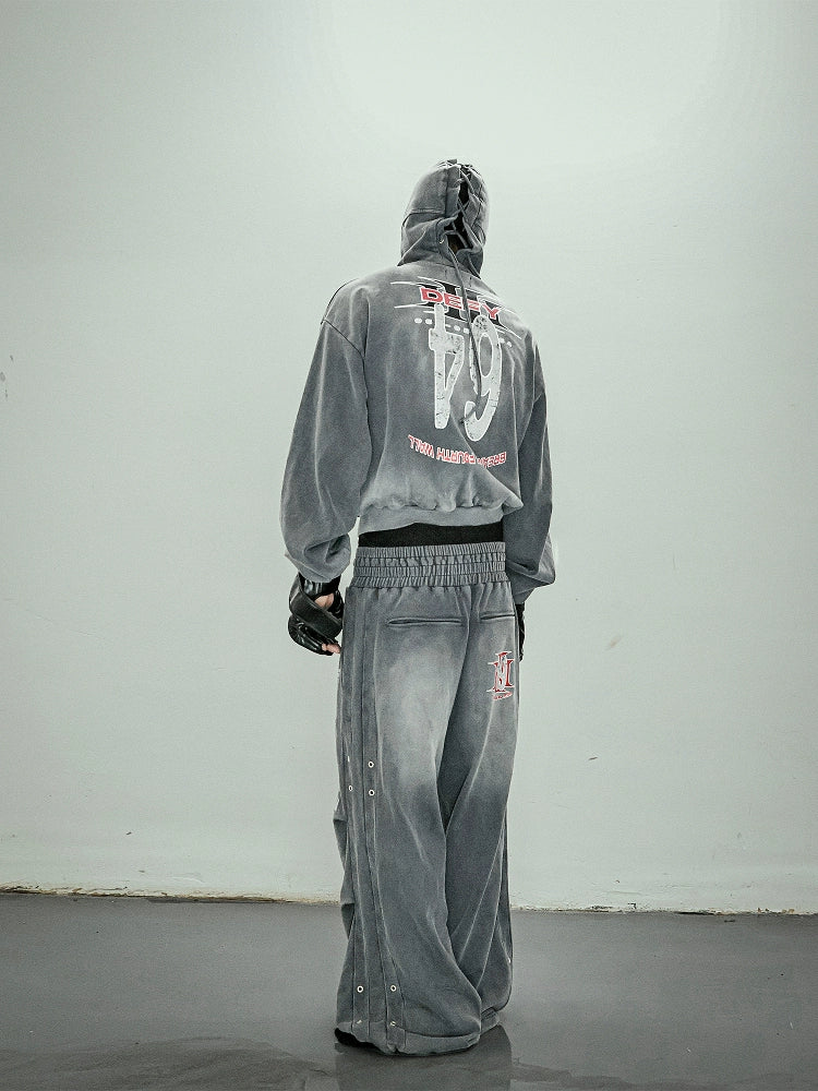 Graphic Print Zipper Hoodie & Washed Eyelet Pants Setup WN20837