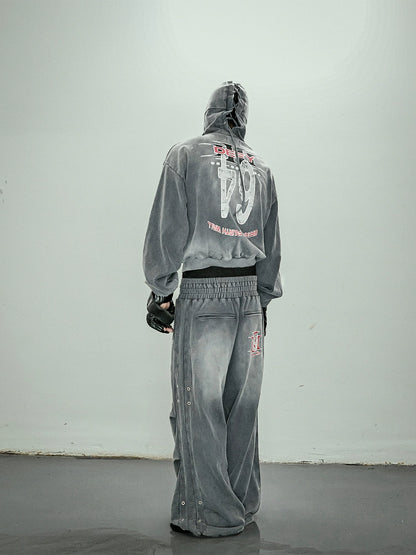 Graphic Print Zipper Hoodie & Washed Eyelet Pants Setup WN20837