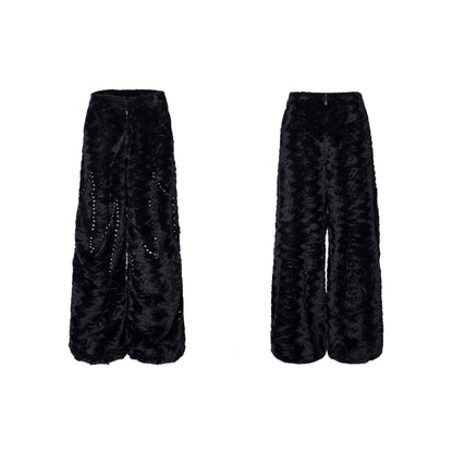 Colorblock Heart Thick Fake Mink Fur Hooded Jacket & Straight Wide Leg Pants Setup WN21838