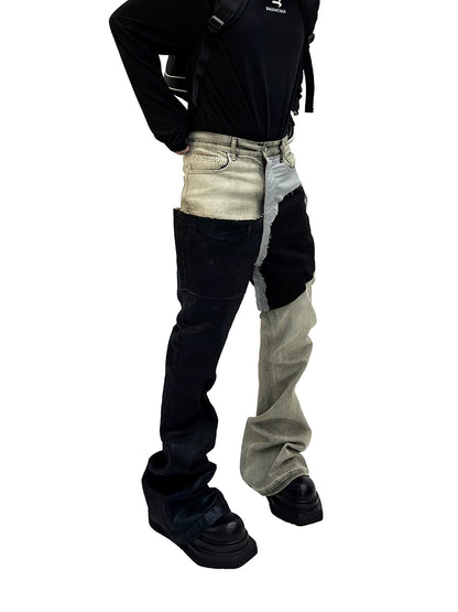 Waxed Wash Mix Flare Stacked Denim Jeans WN16944