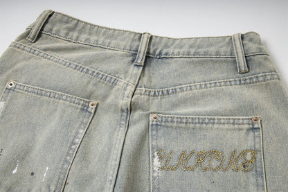 Sticker Paint Cargo Half Denim Jeans WN26747