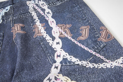 3D Chain Print Curved Leg Cropped Denim Pants WN26838