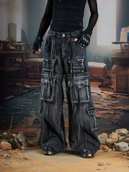 Studs Ribbon Washed Multi-Pocket Wide Leg Cargo Denim Jeans WN21348