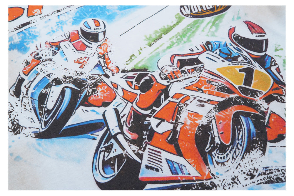 Washed Motorcycle Racing Print Short Sleeve T-Shirt WN26548
