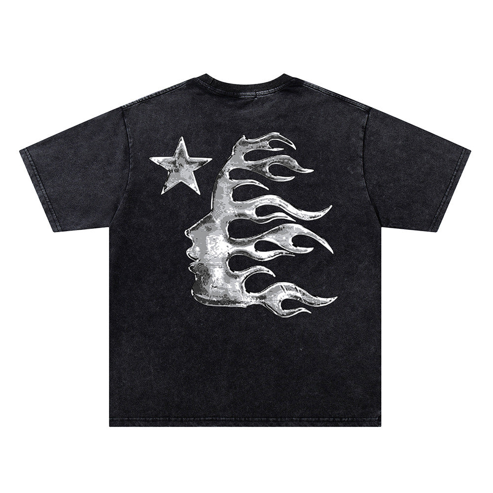 Washed Metal Letter Star Print Short Sleeve T-Shirt WN26912