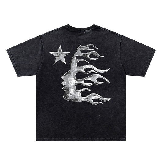 Washed Metal Letter Star Print Short Sleeve T-Shirt WN26912