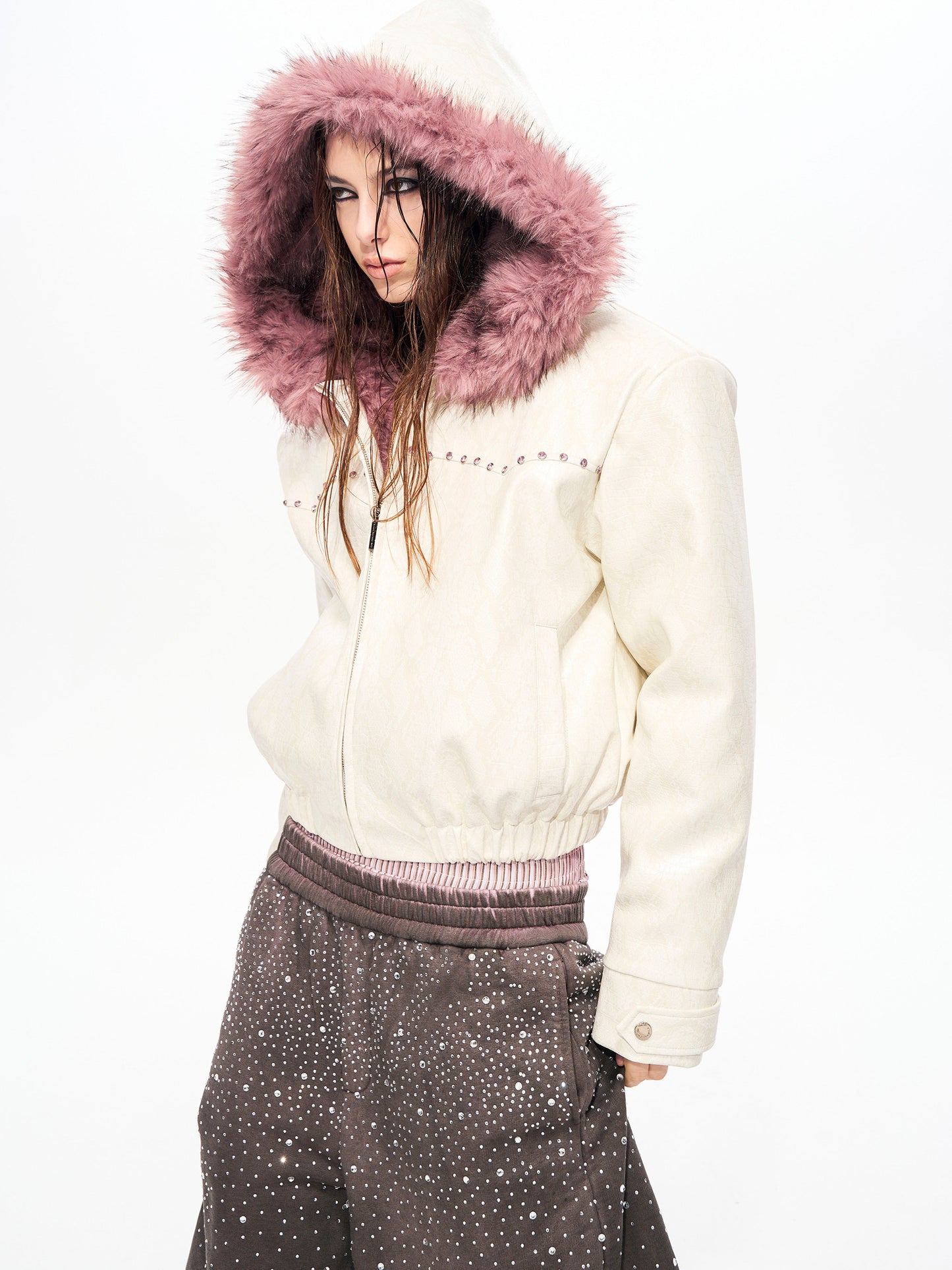 Snake Pattern Fake Fur Hooded Short PU Leather Jacket WN22161