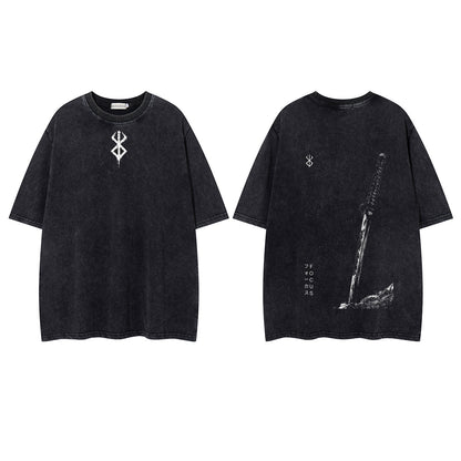 Washed Damage Sword Symbol Print Short Sleeve T-Shirt WN26916