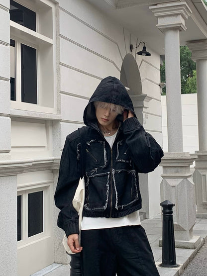 Metal Zipper Panel Denim Jacket & Wide Leg Pants Setup WN19827