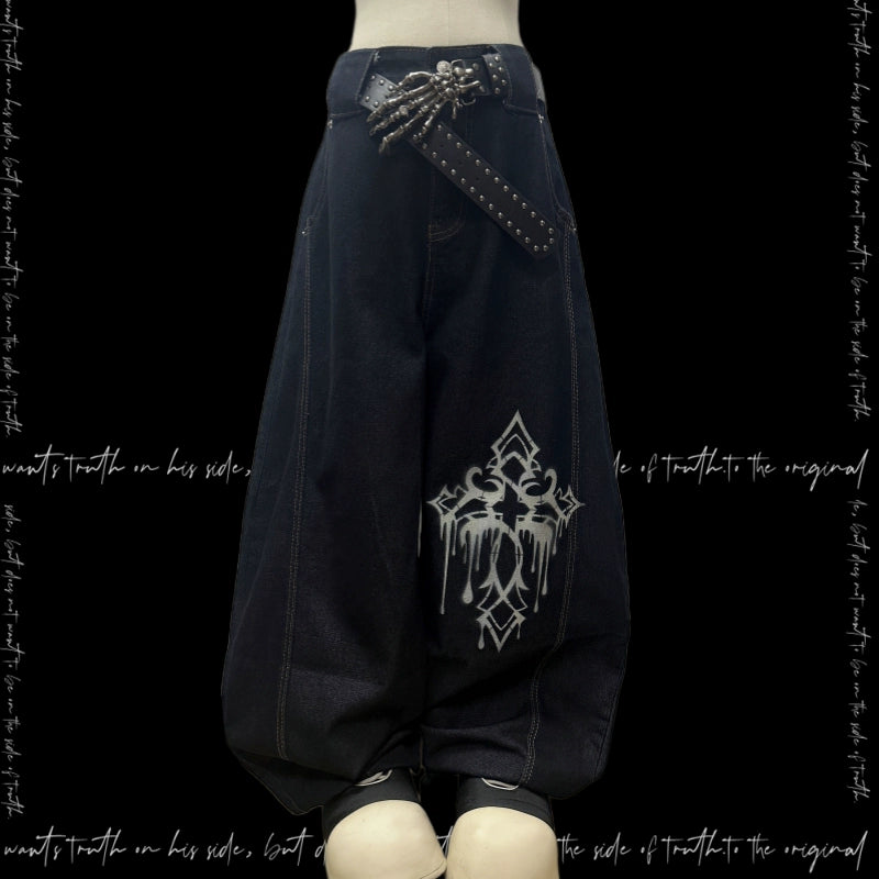 Ink Drop Thorn Scimitar Cross Wide Leg Denim Jeans & Skull Belt & Scarf WN20120