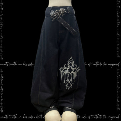 Ink Drop Thorn Scimitar Cross Wide Leg Denim Jeans & Skull Belt & Scarf WN20120