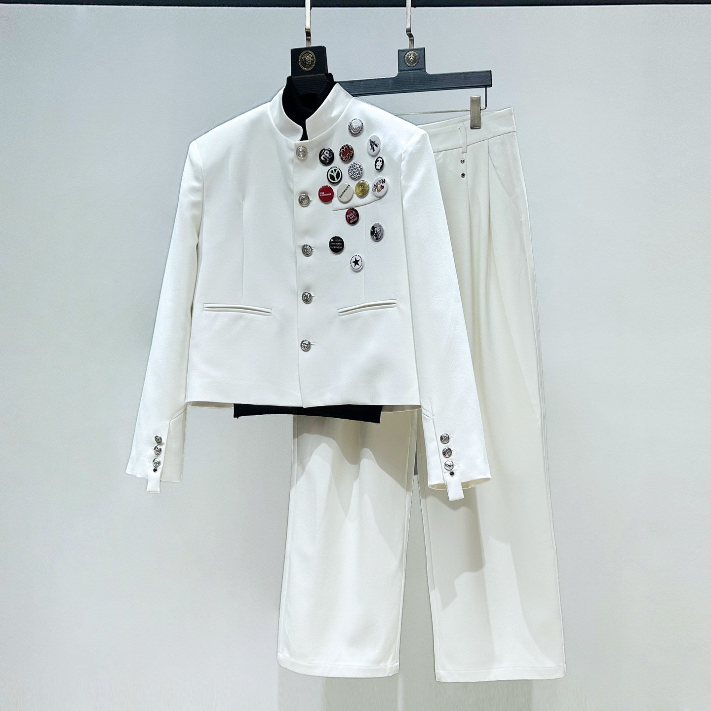 Badge Standing-Collar Short Jacket & Straight Trousers Setup WN23860