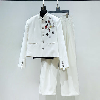 Badge Standing-Collar Short Jacket & Straight Trousers Setup WN23860