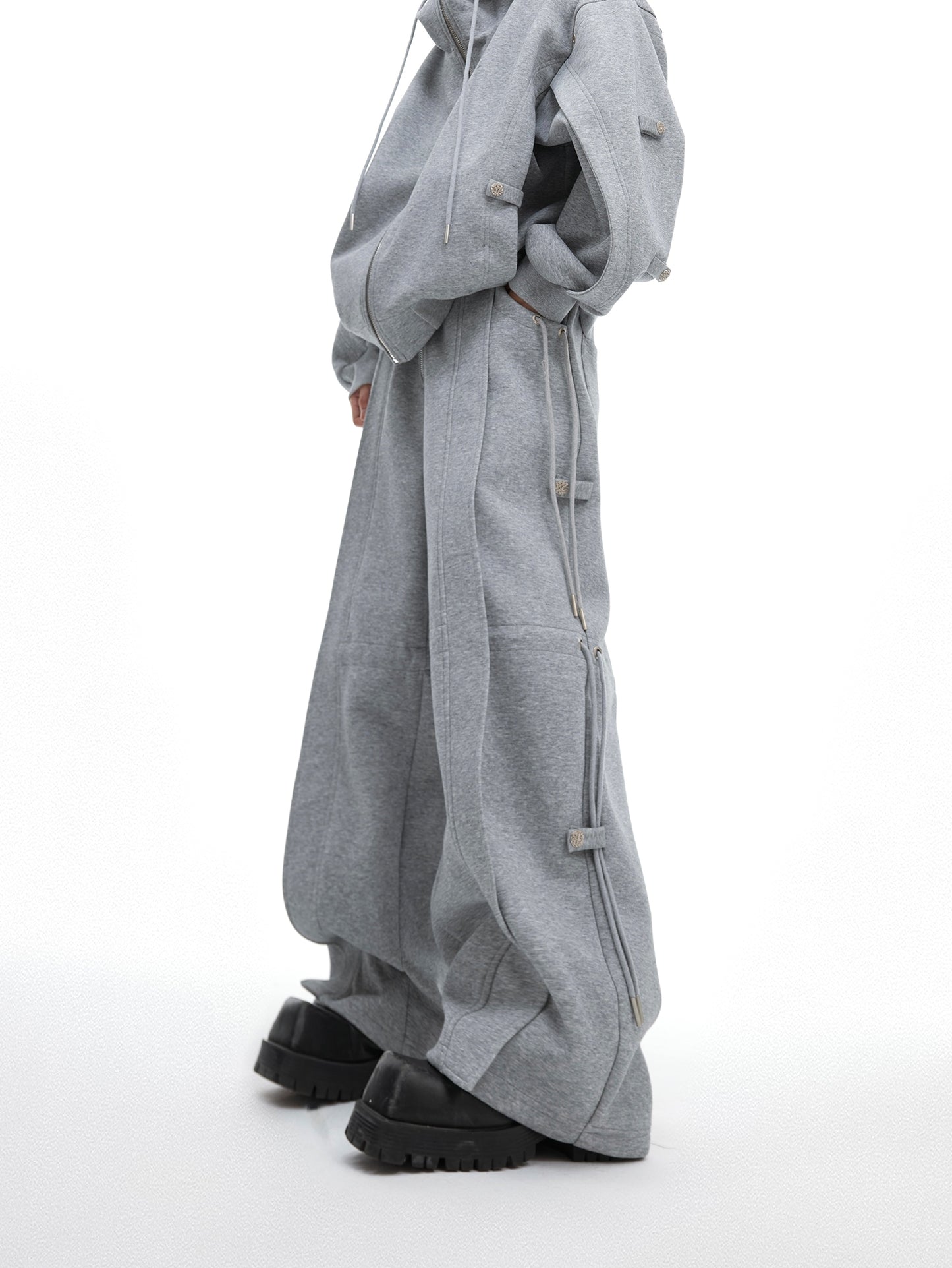 Drawstring Design Oversize Zipper Hoodie & Wide Leg Sweatpants Setup WN8051