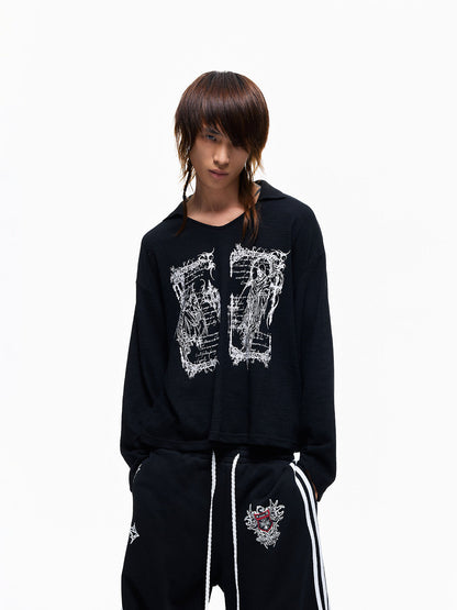 Reaper Angel Rune Print Polo-Collar Long Sleeve T-Shirt WN27326