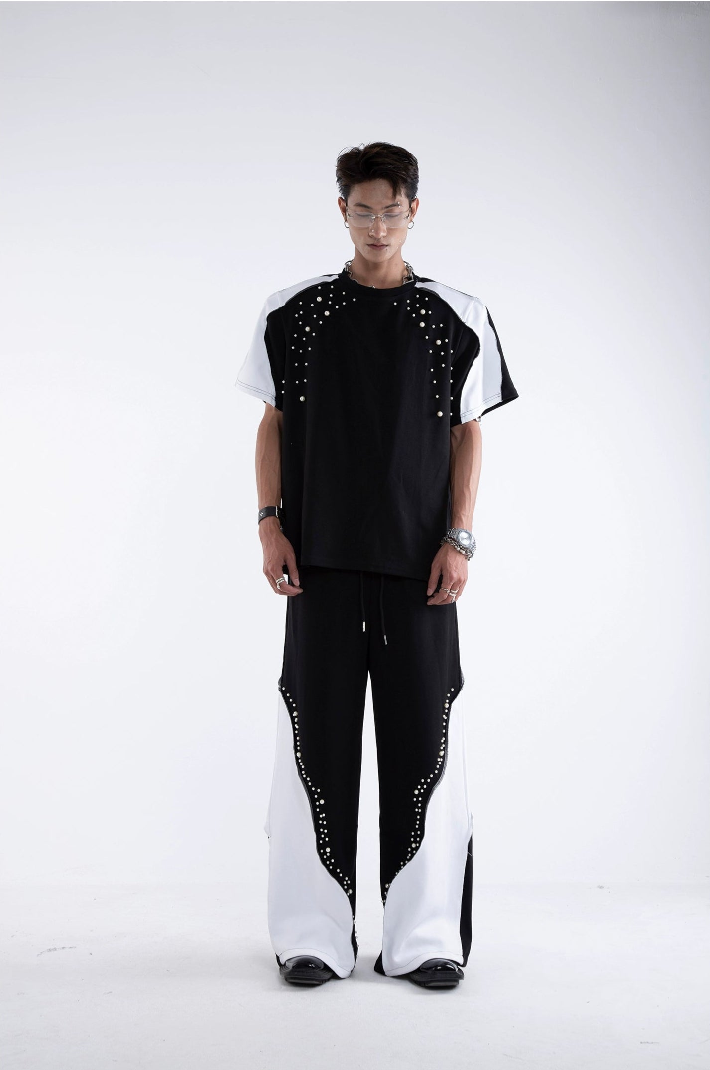 Beading Paint Shoulder-Pad Short Sleeve T-Shirt & Wide Leg Pants Setup WN20640