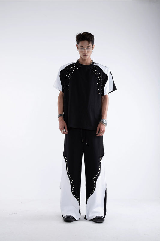 Beading Paint Shoulder-Pad Short Sleeve T-Shirt & Wide Leg Pants Setup WN20640