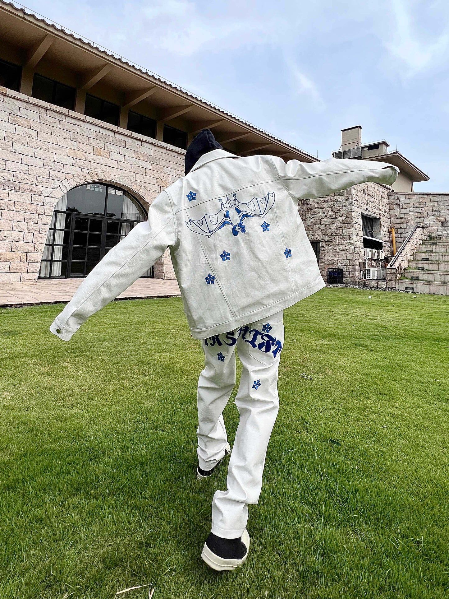 Cross Print Button Denim Jacket & Straight Denim Jeans Setup WN24183