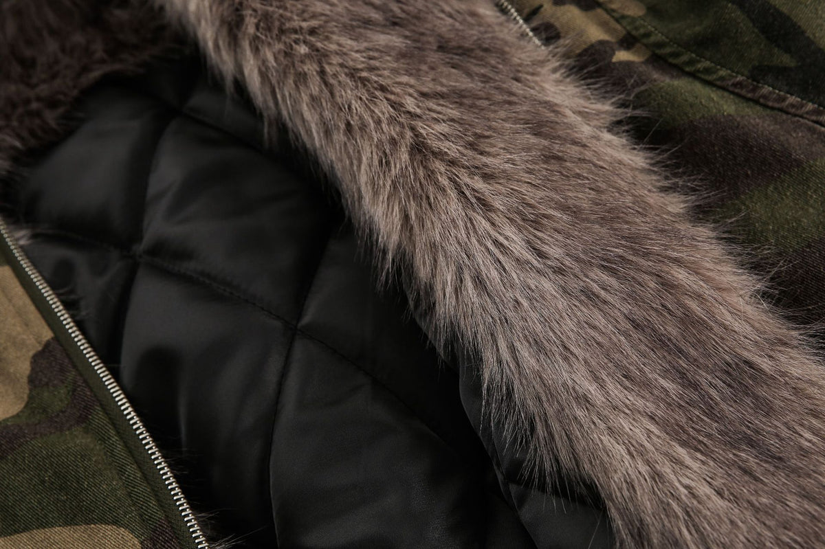 Camouflage Fake Fur Collar Hooded Puffer Jacket WN28044