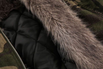 Camouflage Fake Fur Collar Hooded Puffer Jacket WN28044