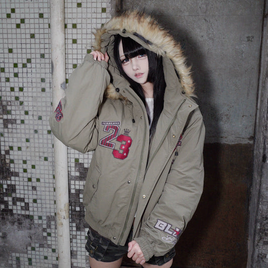 Patch Embroidery Fake Fur-Collar Hooded Jacket WN22188