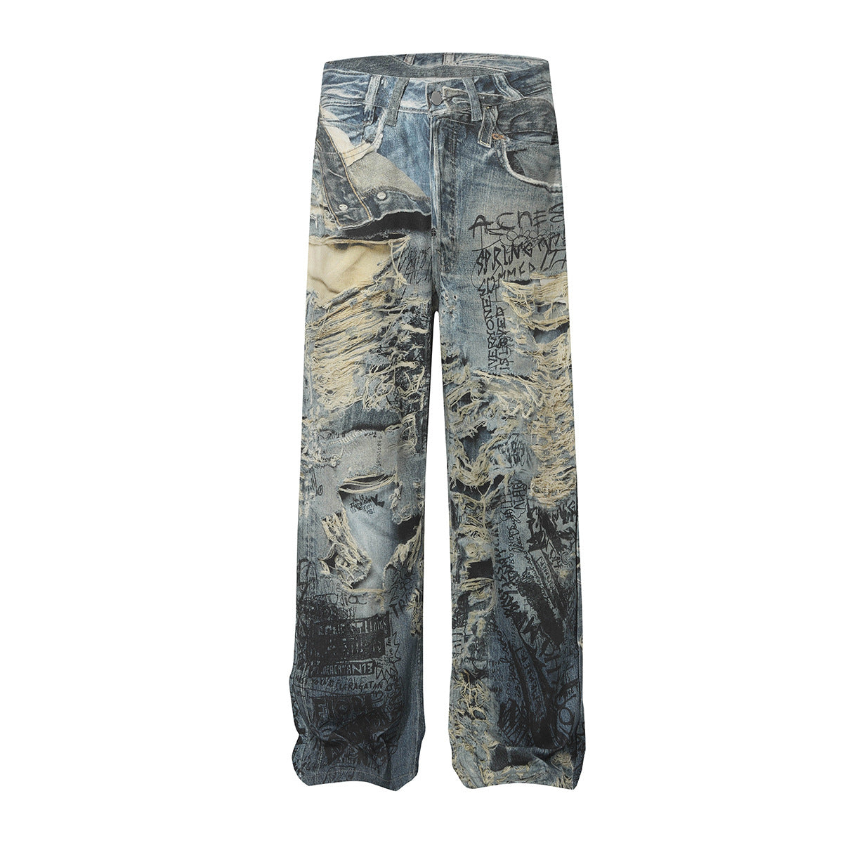 3D Graffiti Print Washed Wide Leg Denim Jeans WN18595