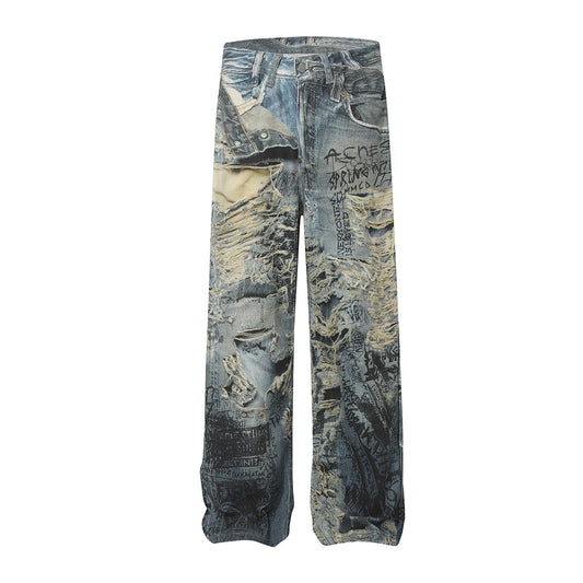 3D Graffiti Print Washed Wide Leg Denim Jeans WN18595