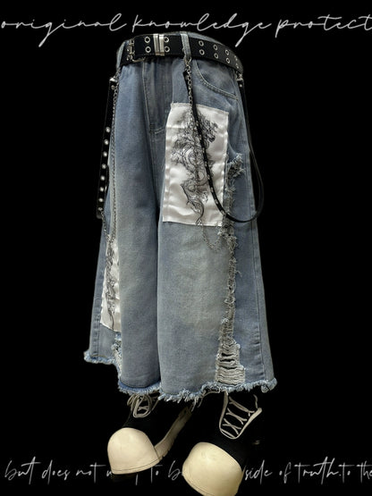 Patchwork Design Wide Leg Denim Half Jeans & Belt & Chain WN20112