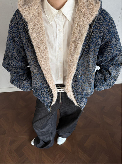 Leopard Lamb Fleece Hooded Puffer Jacket WN21931