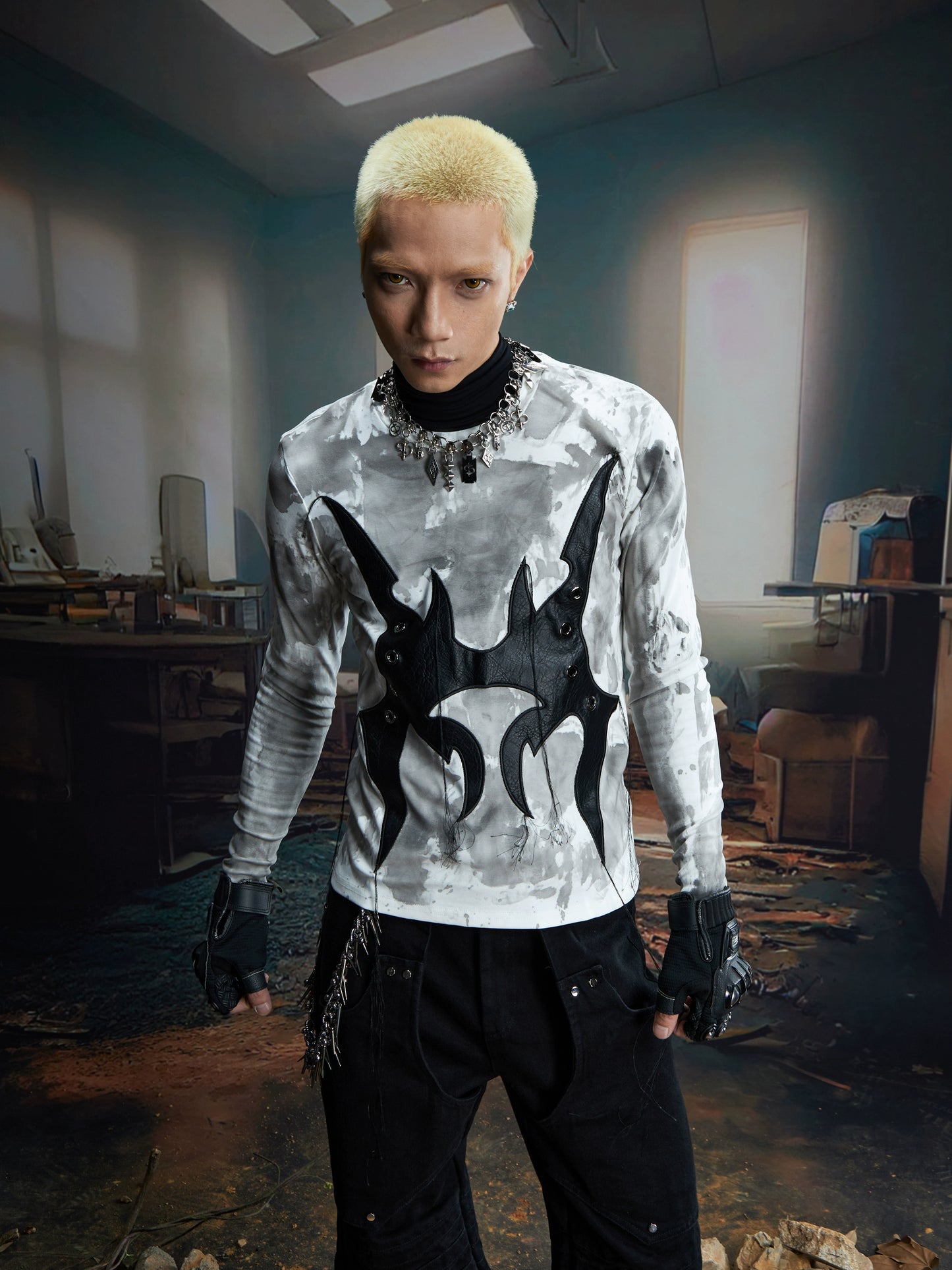 Tie-dye PU Mix Fringe Long Sleeve T-Shirt WN20821